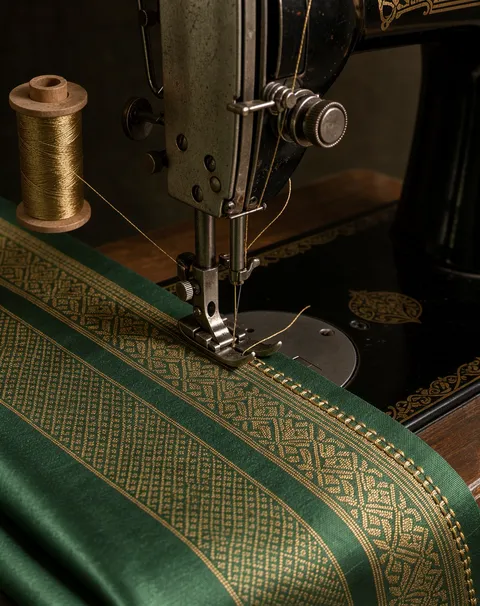 Contoh: mesin jahit menjahit kain songket hijau