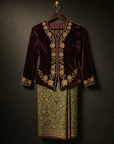 Contoh: kebaya baldu merah marun bersulam emas pada penyangkut