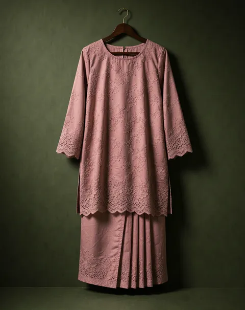 Contoh: baju kurung renda merah jambu pada penyangkut
